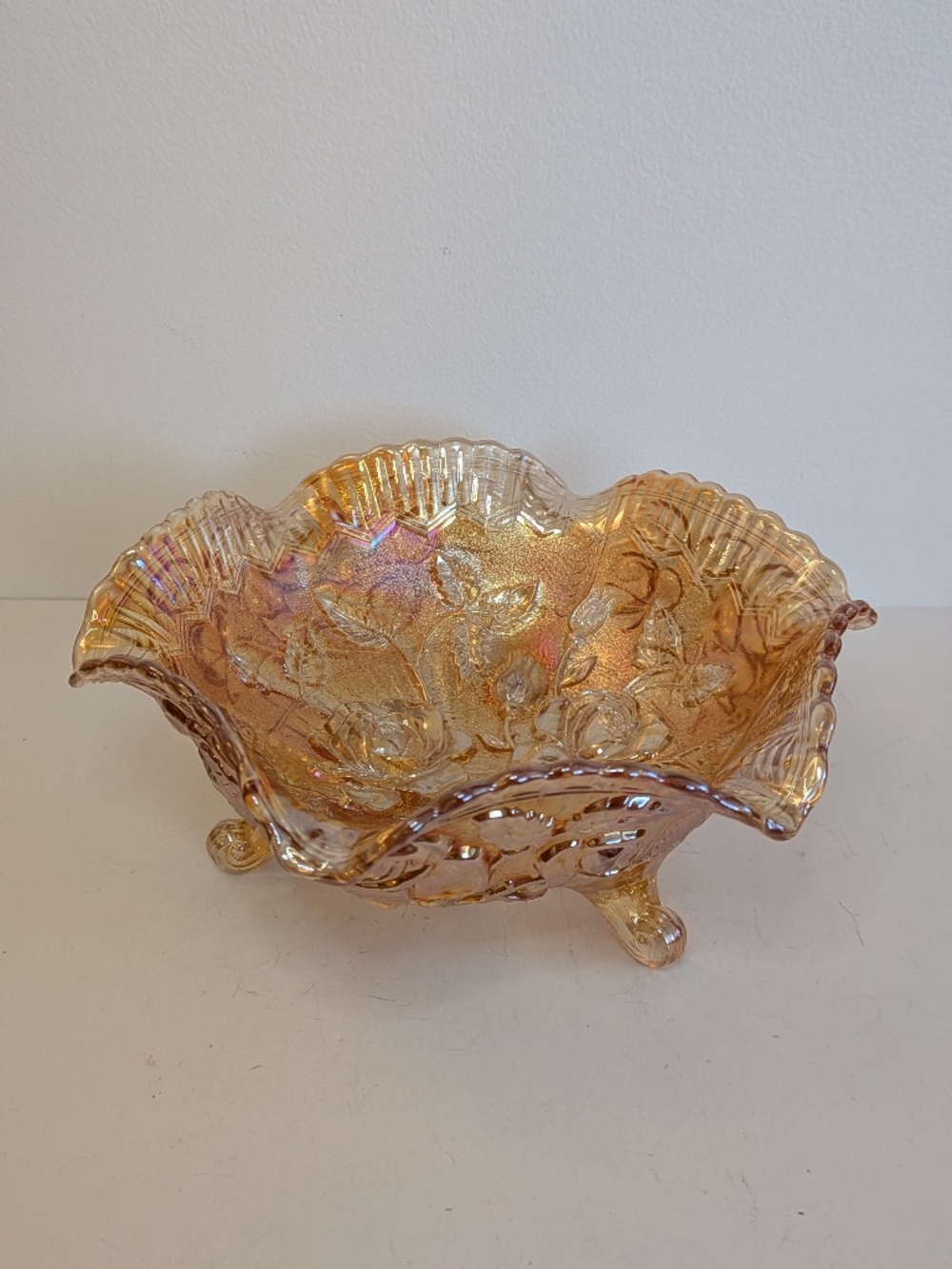 Imperial Glass Peach Iridescent Glass Footed Bowl Lustreware Rose ruffle edge